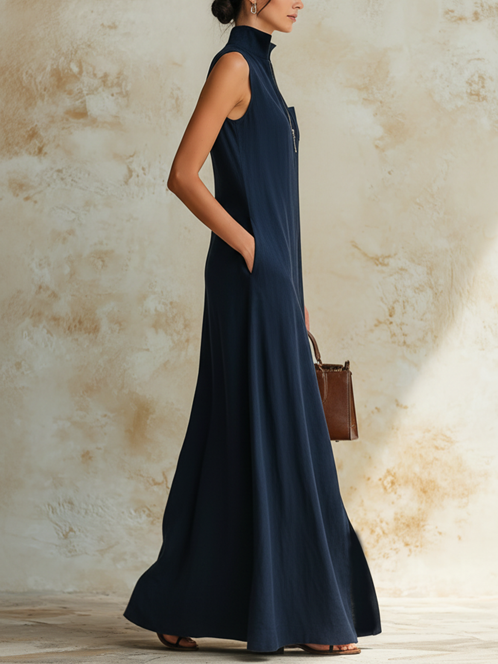 Navy Blue Tencel Denim Sleeveless Zip Front Maxi Dress