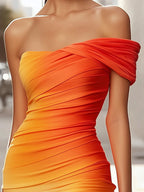 Sunset Gradient Off-Shoulder Ruched Dress