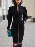 Zippered Midi Dress With Puffed Long Sleeves
