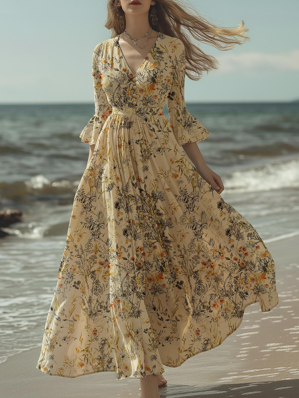 Linen Maxi Dress, Half Sleeve, V neck, Floral, Vintage, Summer