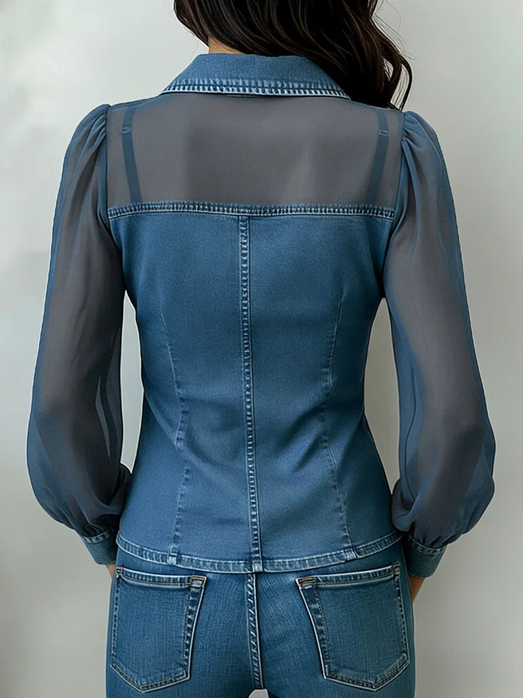 Women's Retro Organza-paneled Casual Zip-front Denim Shirt