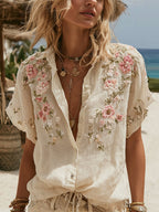 Women's Vintage Embroidery Floral Art Button Short Sleeve Shirt