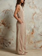 Striped Linen-Cotton Halter Wide-Leg Jumpsuit