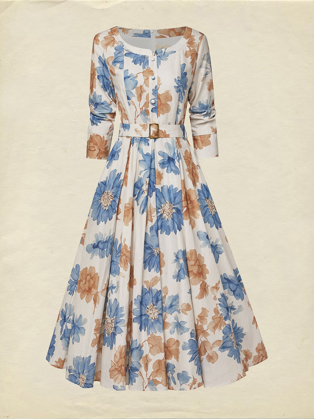 Midi Cotton Dress, Half Sleeve, Round Neck, Floral, Belt Design, Vintage, Khaki