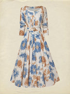 Midi Cotton Dress, Half Sleeve, Round Neck, Floral, Belt Design, Vintage, Khaki