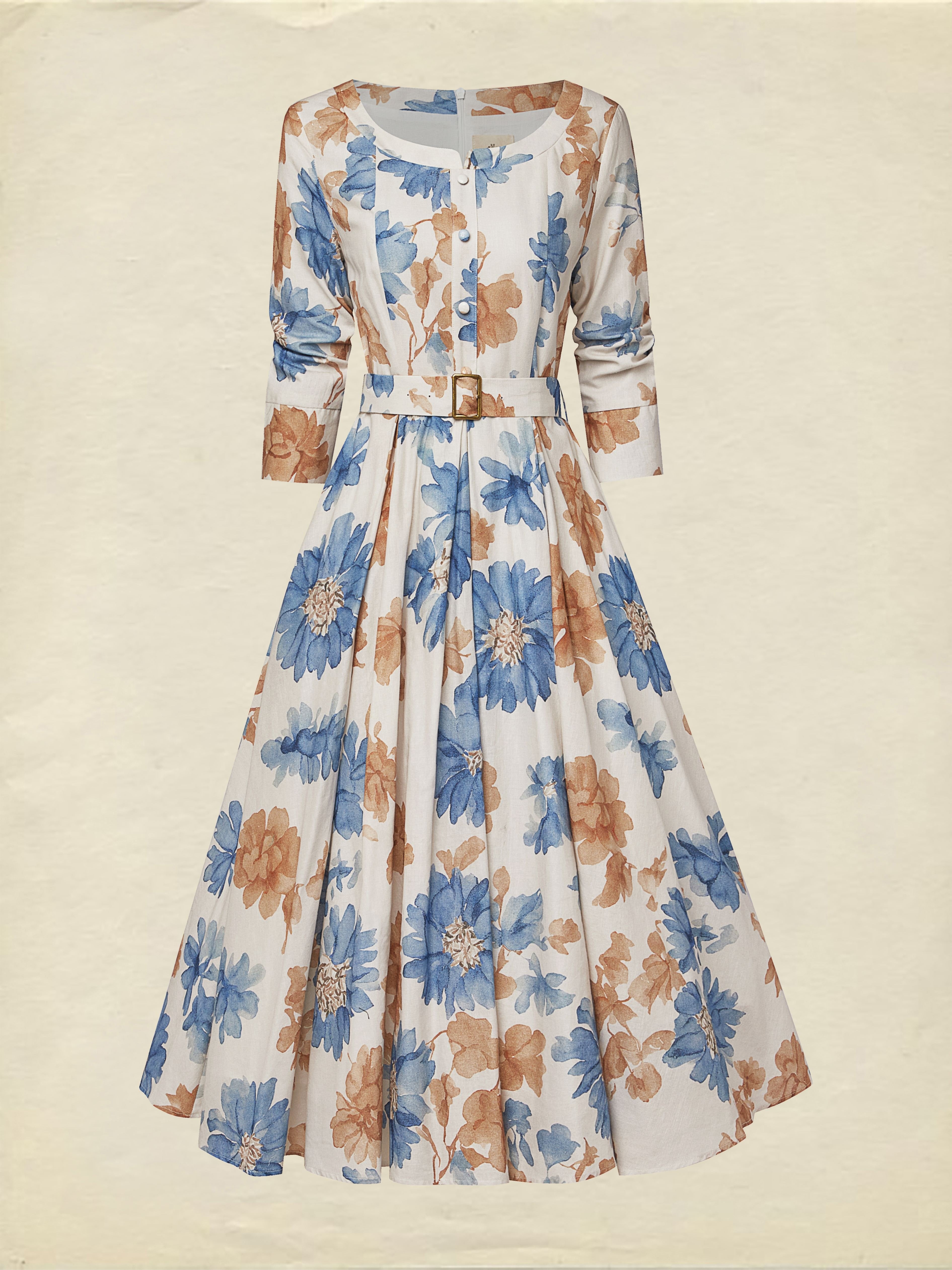 Midi Cotton Dress, Half Sleeve, Round Neck, Floral, Belt Design, Vintage, Khaki