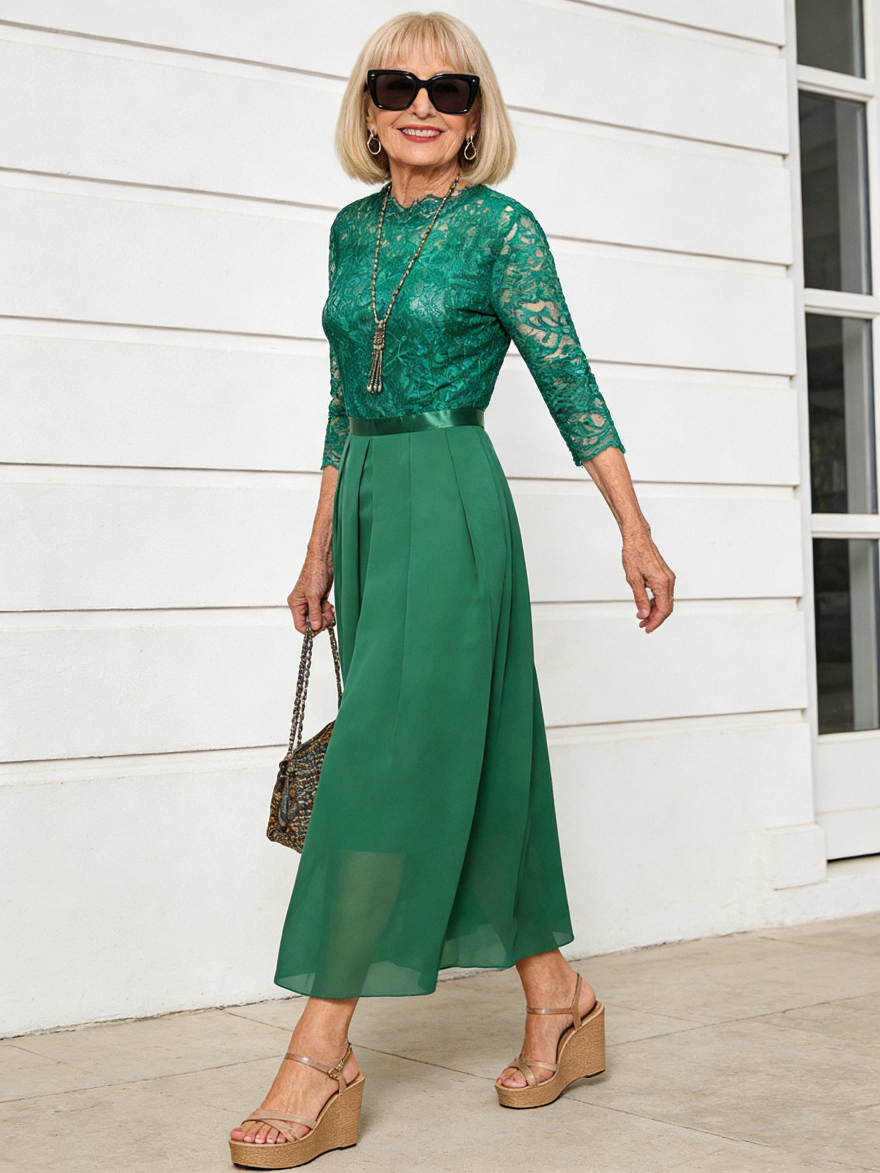 Evening Dress Splicing Dress Crew Neck Lace Dress Evening Dress