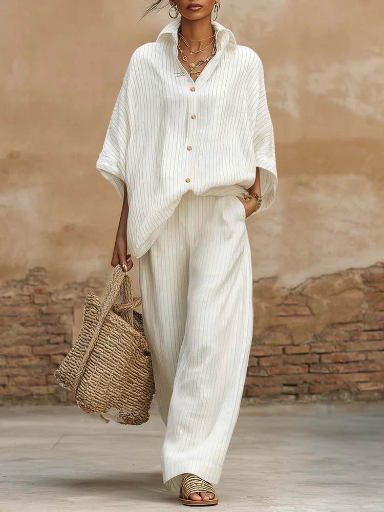 Elegant Classic Striped Shirt And Wide-leg Pants Two-piece Set