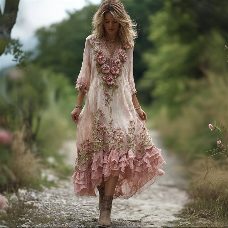 Vintage Pink Roses Vines Ruffle Flowy Linen Maxi Dress