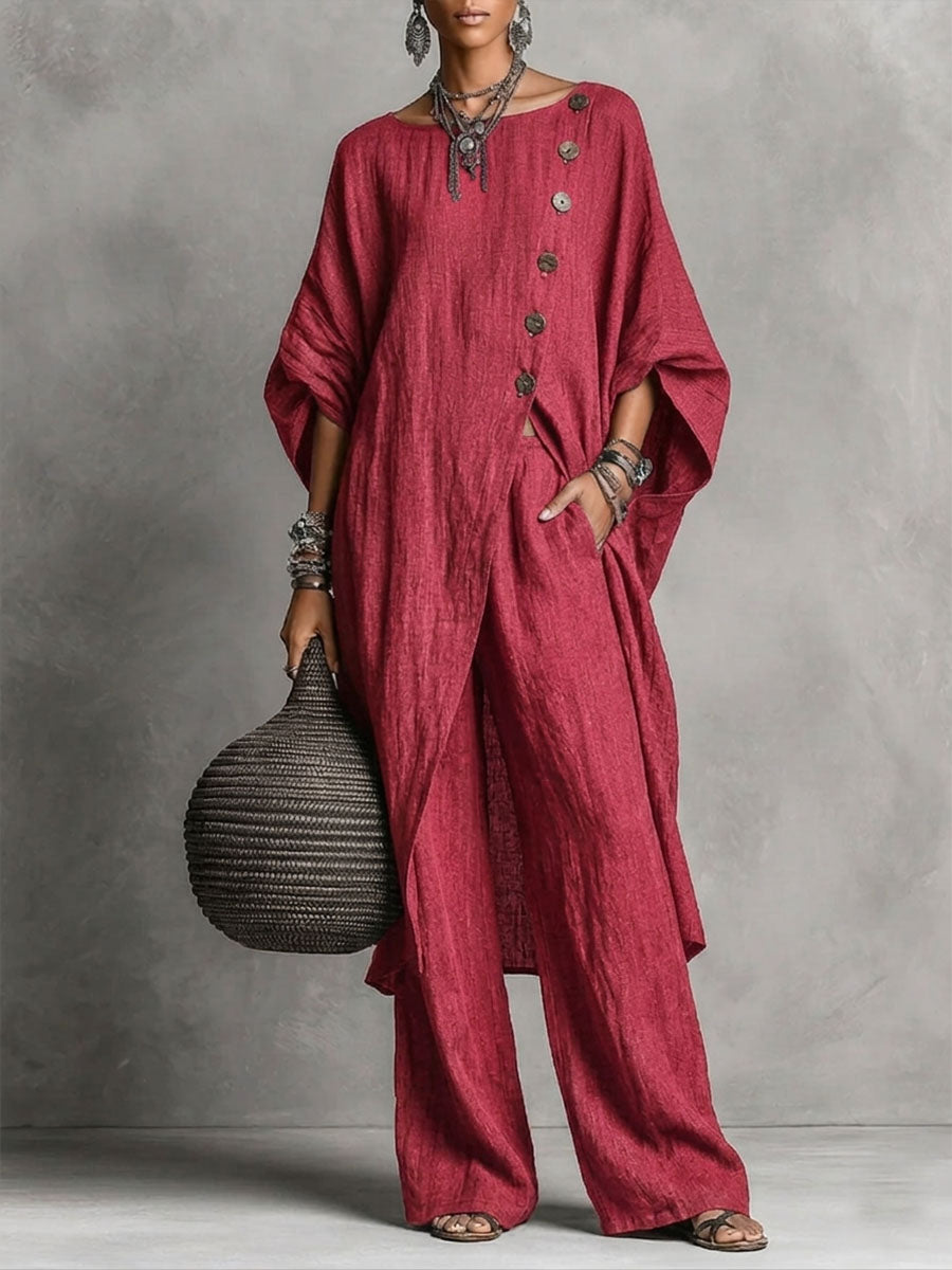 Women's Casual Two-piece Set: Side-slit Button-up Top And Loose-fit Pants