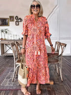 Vacation DRESS Paisley Bohemian Long Length Vintage Print Tassel Tie Neck Tunic Dress - Elegant Vacation Style with Drawstring, Ruffle Hem, and Random Printing