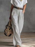 Casual Western-Style White Asymmetrical Cotton T-Shirt And Striped Pants Set