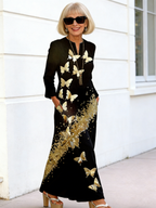Butterfly Print Long-sleeved Dress Pocket Temperament Round Neck Suspender A-shaped Long Dress