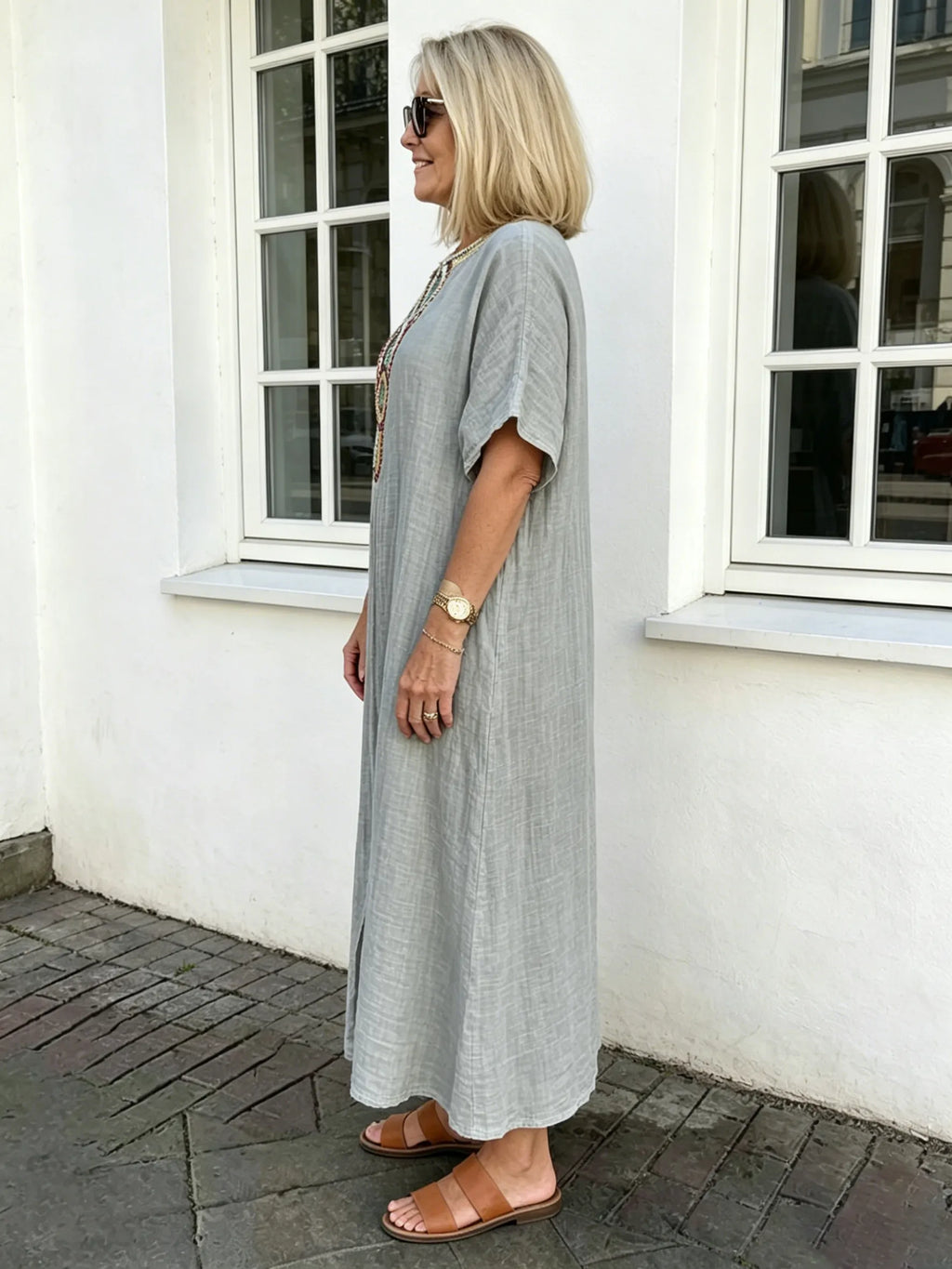 Cotton and Linen Embroidered Split Dress