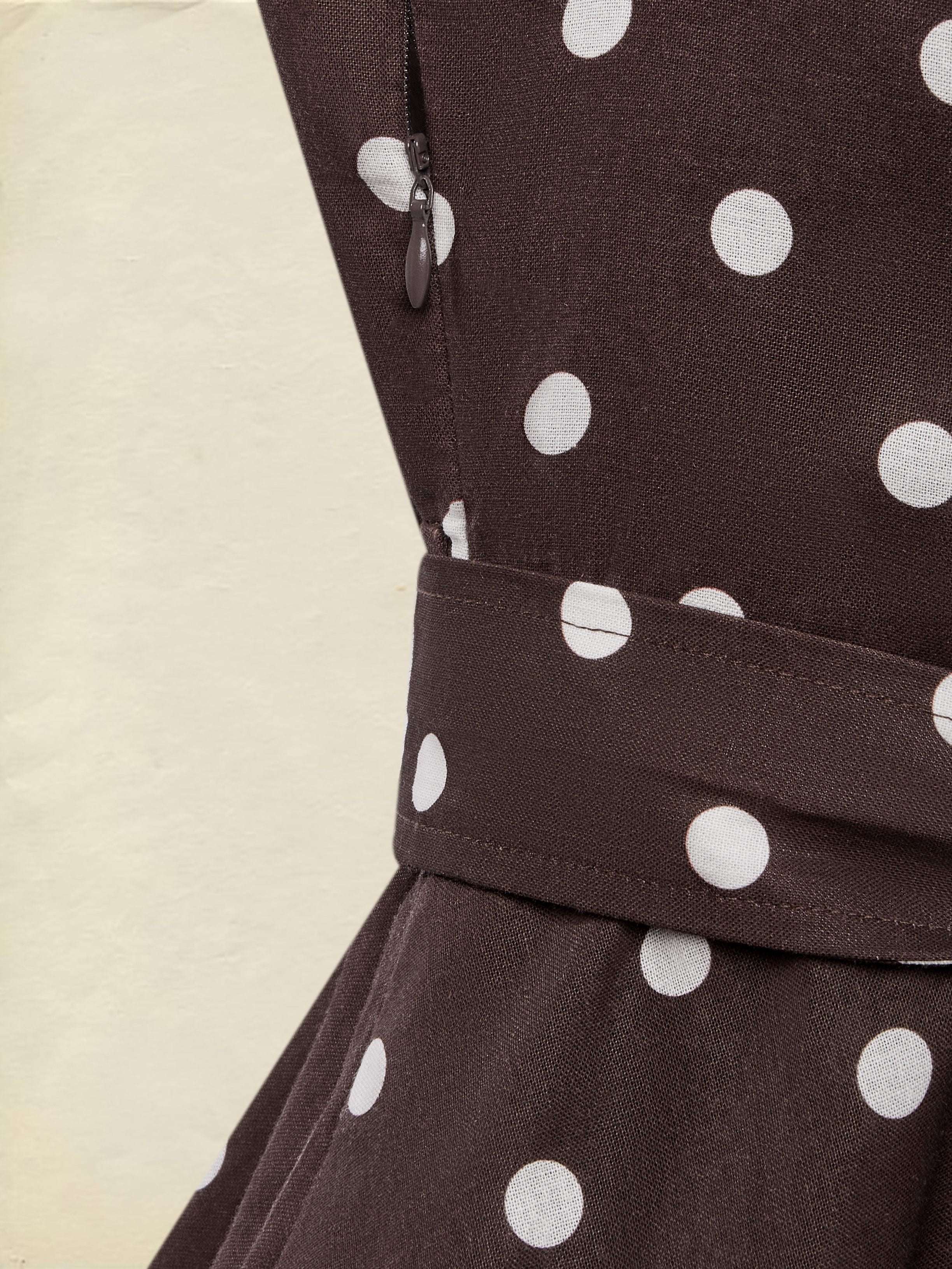 Midi Cotton Dress , Sleeveless, Shawl Collar, Polka Dots, Button Design, French Vintage, Coffee