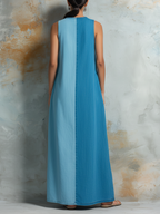 Two-Tone Washed Denim Sleeveless Maxi Dress With Side Slit