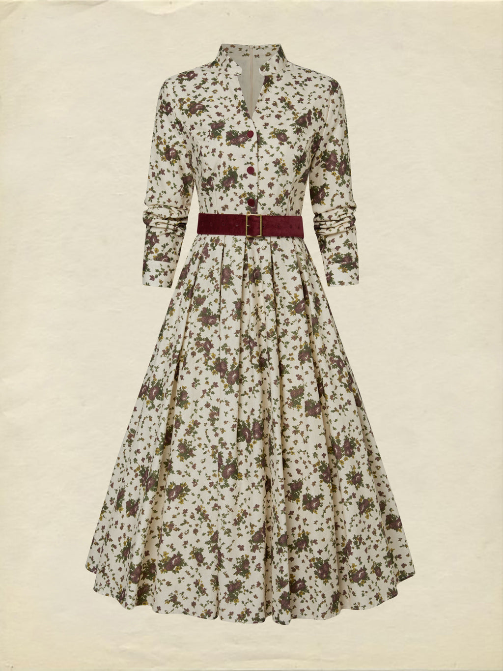 Midi Linen Dress, Long Sleeves, Shawl Collar, Floral, Belt Design, Vintage, Apricot