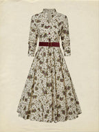 Midi Linen Dress, Long Sleeves, Shawl Collar, Floral, Belt Design, Vintage, Apricot