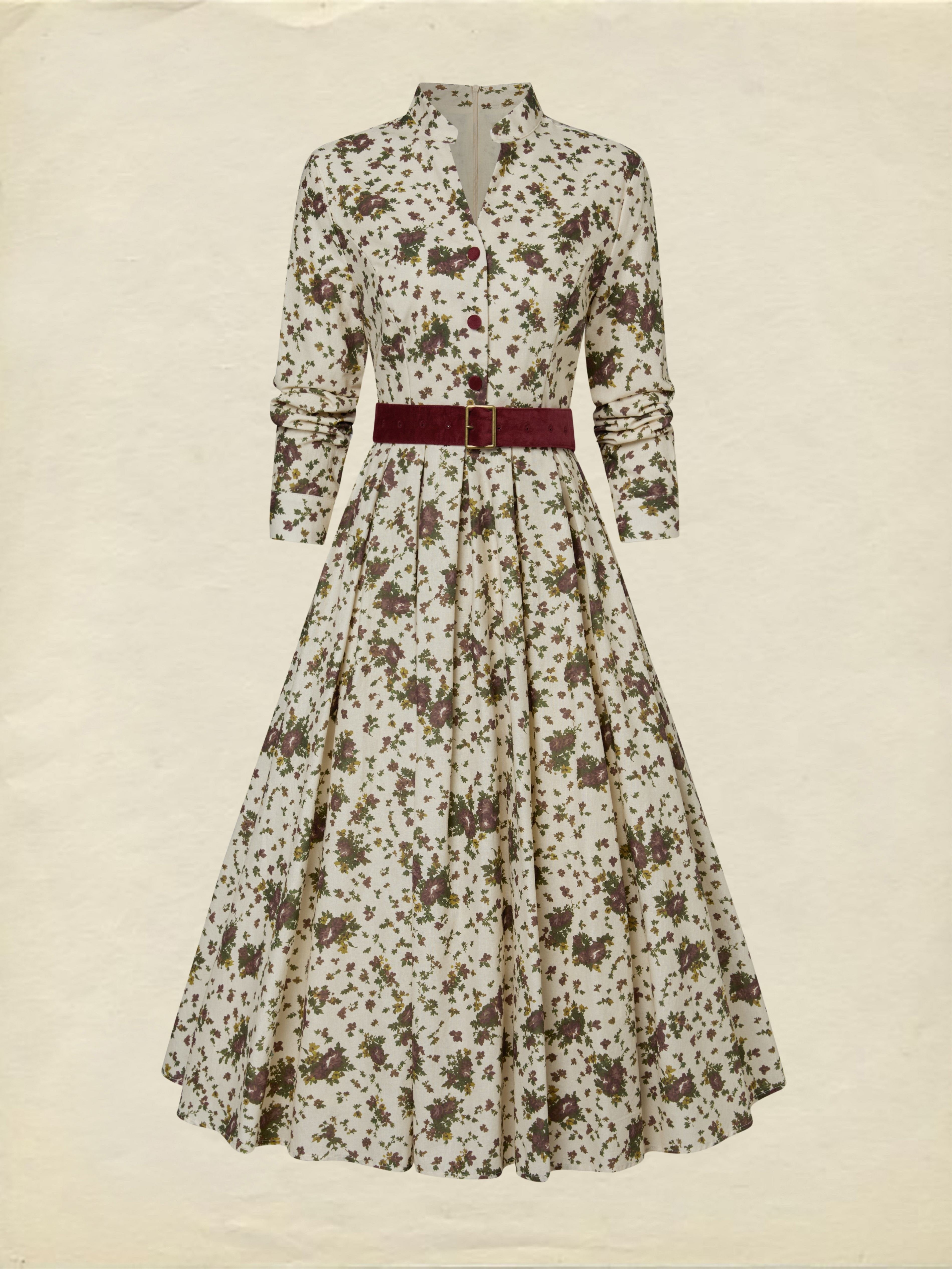 Midi Linen Dress, Long Sleeves, Shawl Collar, Floral, Belt Design, Vintage, Apricot