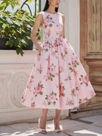 Midi Linen Dress, Sleeveless, Round Neck, Floral, Pocket Design, Vintage, Pink