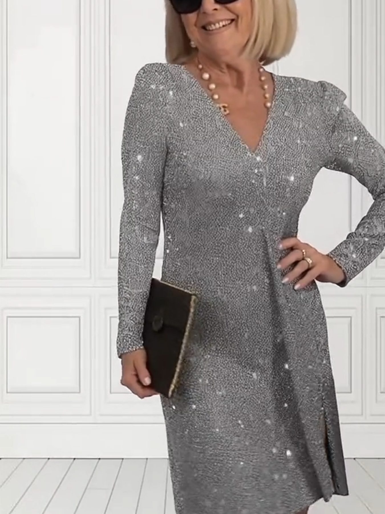 Temperament Elegant Daily New V-neck Long-sleeved Solid Color Sparkling Sequined Skirt