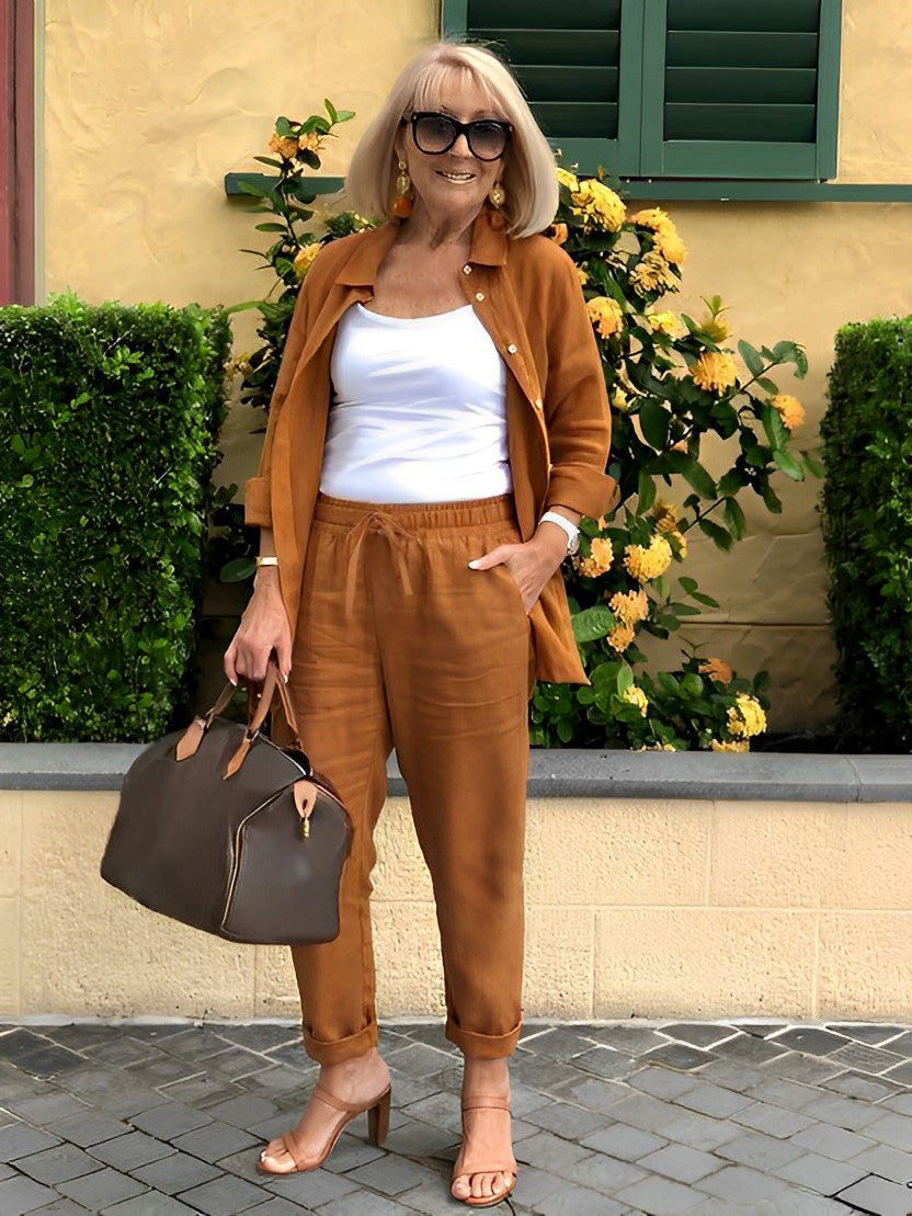 PINK LINEN SUITS Minimalist Two-piece Shirt Pants Set