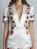 Deep V-Neck Floral Embroidered Contrast Trim Mini Dress