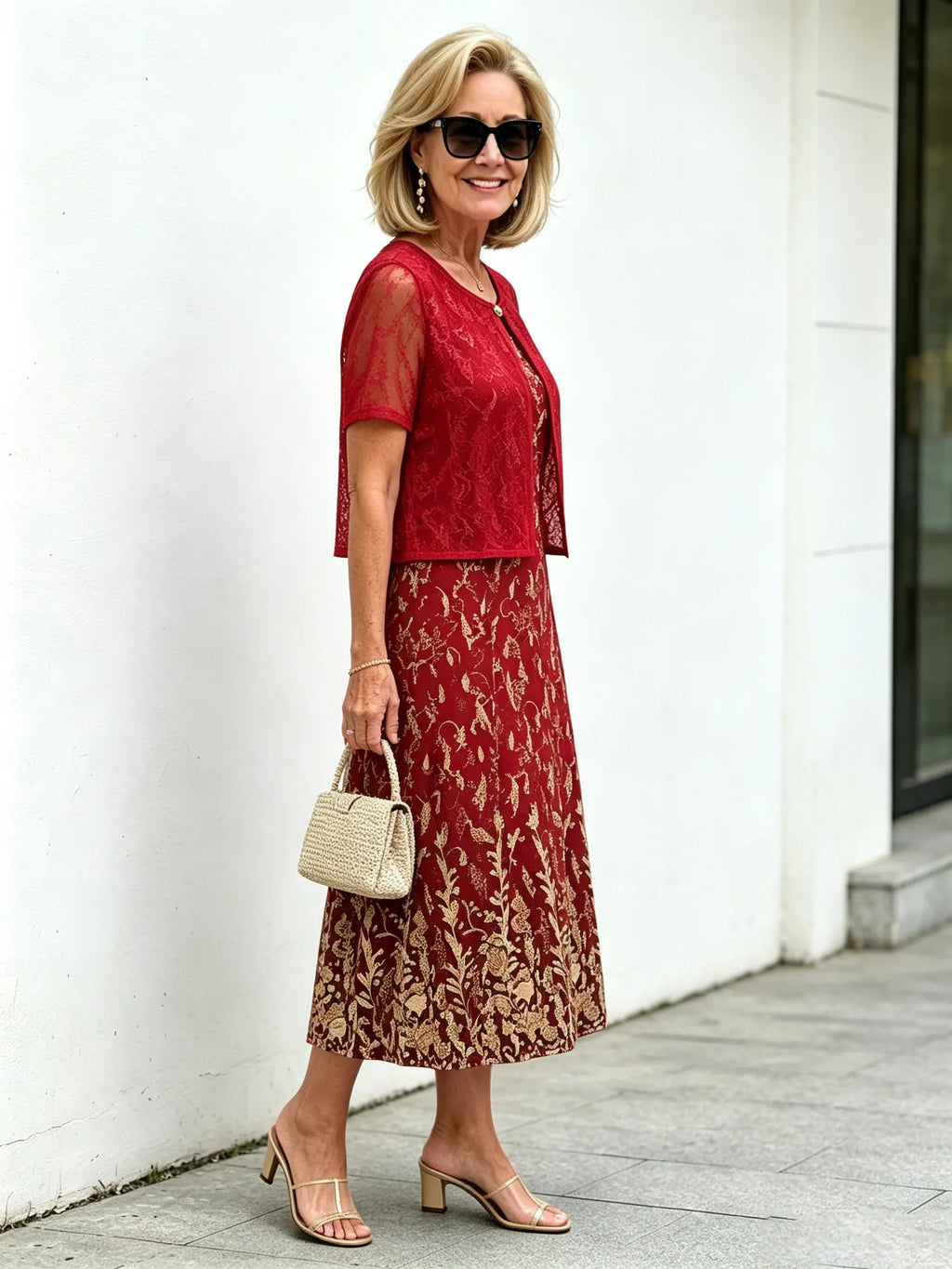 Red Gold Floral Lace Fake Two-Piece Midi Dress, Round Neck Short Sleeve Slimming Elegant Dress for Elderly Women