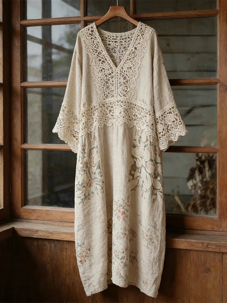 Boho Lace Floral Patchwork Vintage Women's Linen V-neck Long Dress