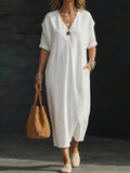 Women's Linen V-neck Single-button Short-sleeve Dress