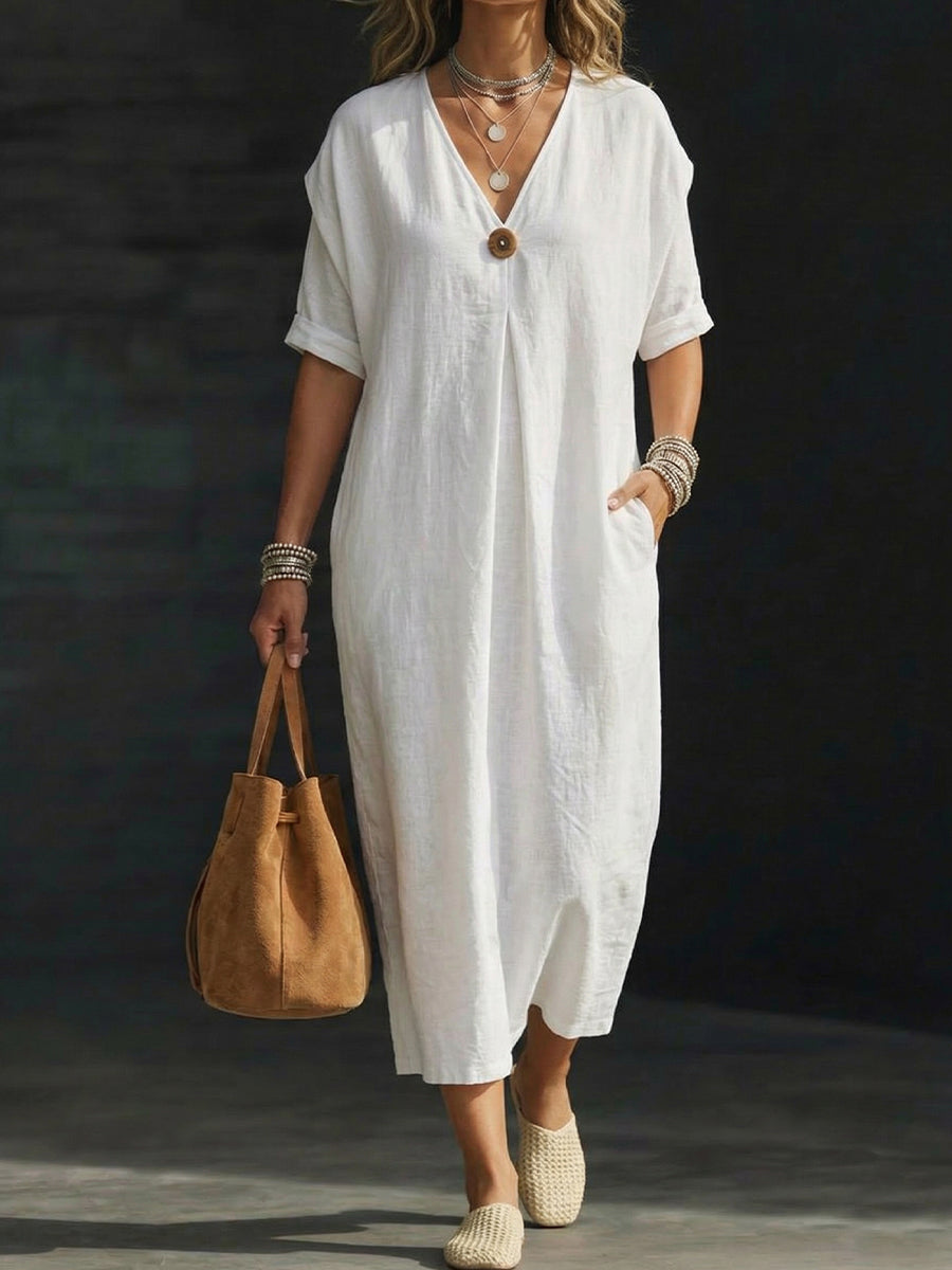 Women's Linen V-neck Single-button Short-sleeve Dress