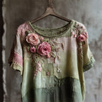 Vintage Pink Roses Cottage Patchwork Linen Tunic