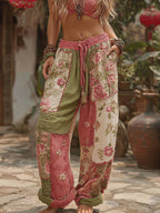 Women's Retro Floral Stitching Casual Pants