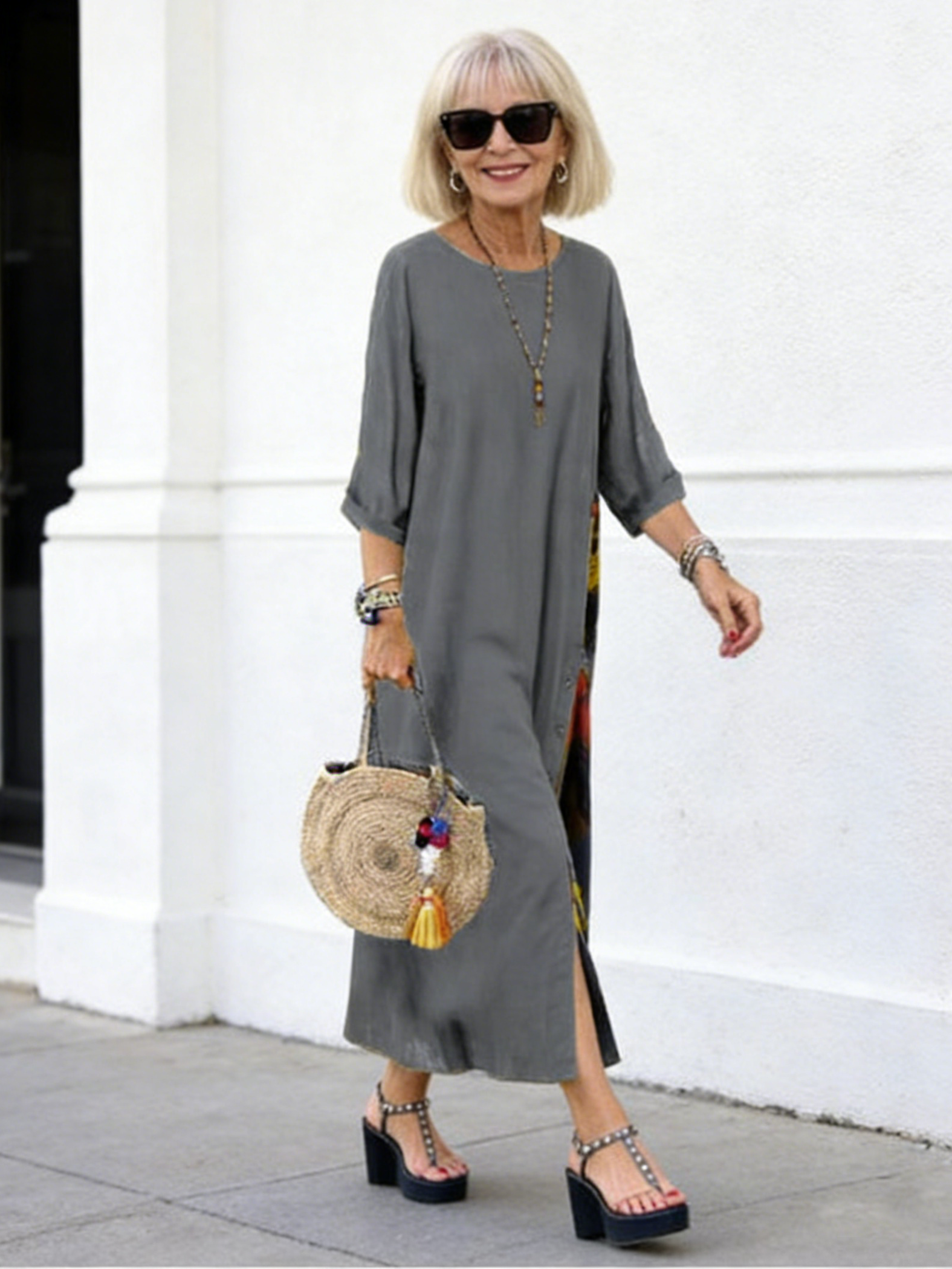 Floral round Neck Contrast Color Button Stitching 3/4 Sleeve Dress