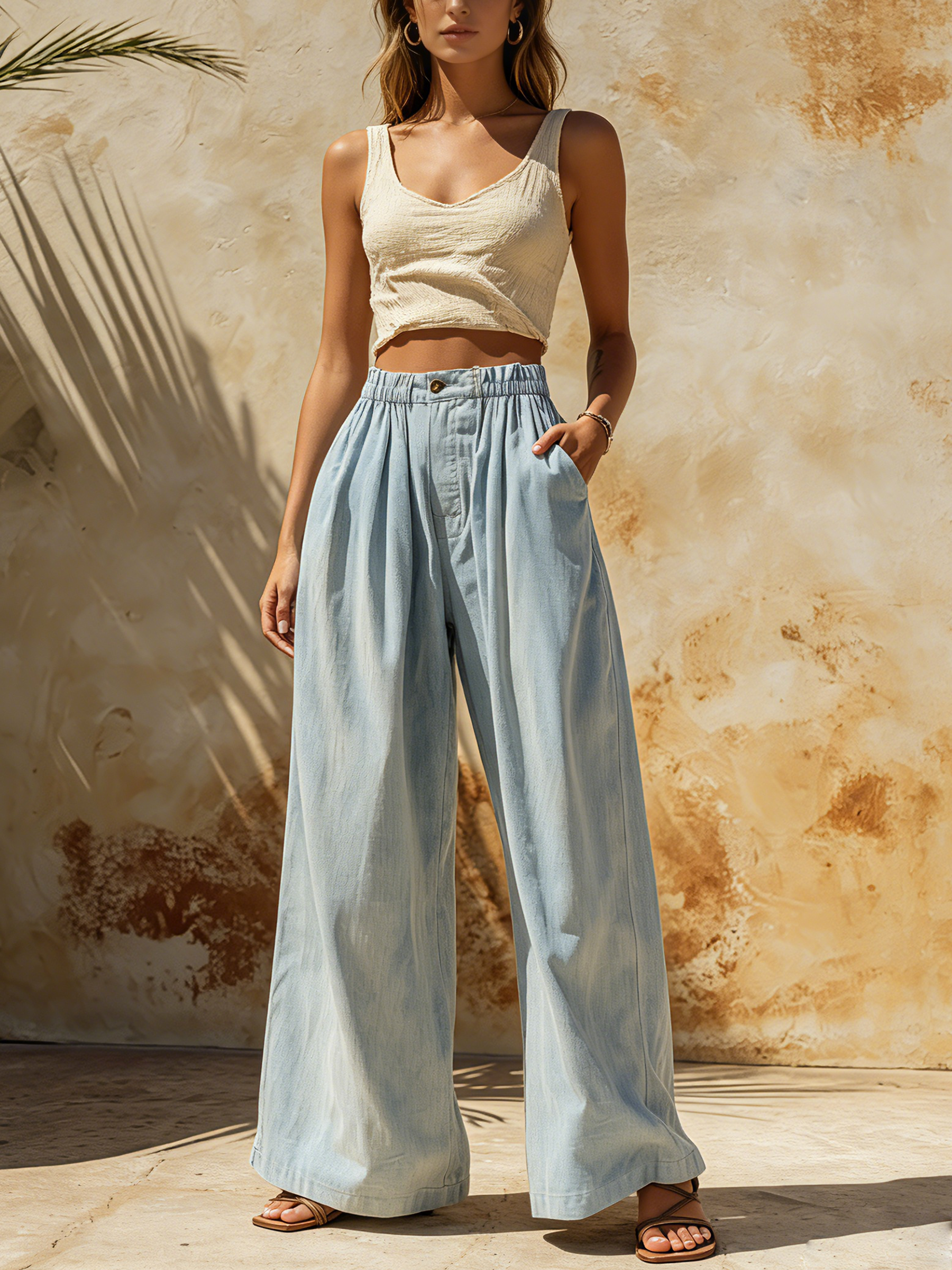 Light Wash Denim High-Waisted Wide-Leg Pants With Elastic Waist