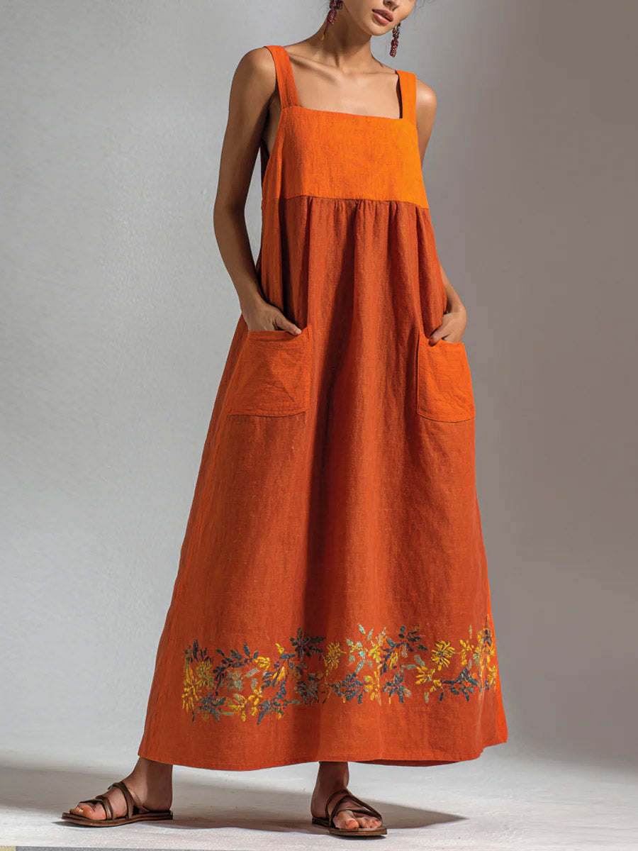 Women's Casual Loose-fit Sleeveless Cotton-linen Dress With Square Neck And Contrast Trim