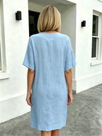 Short Sleeve V-Neck Cotton and Linen Loose Summer Dress
