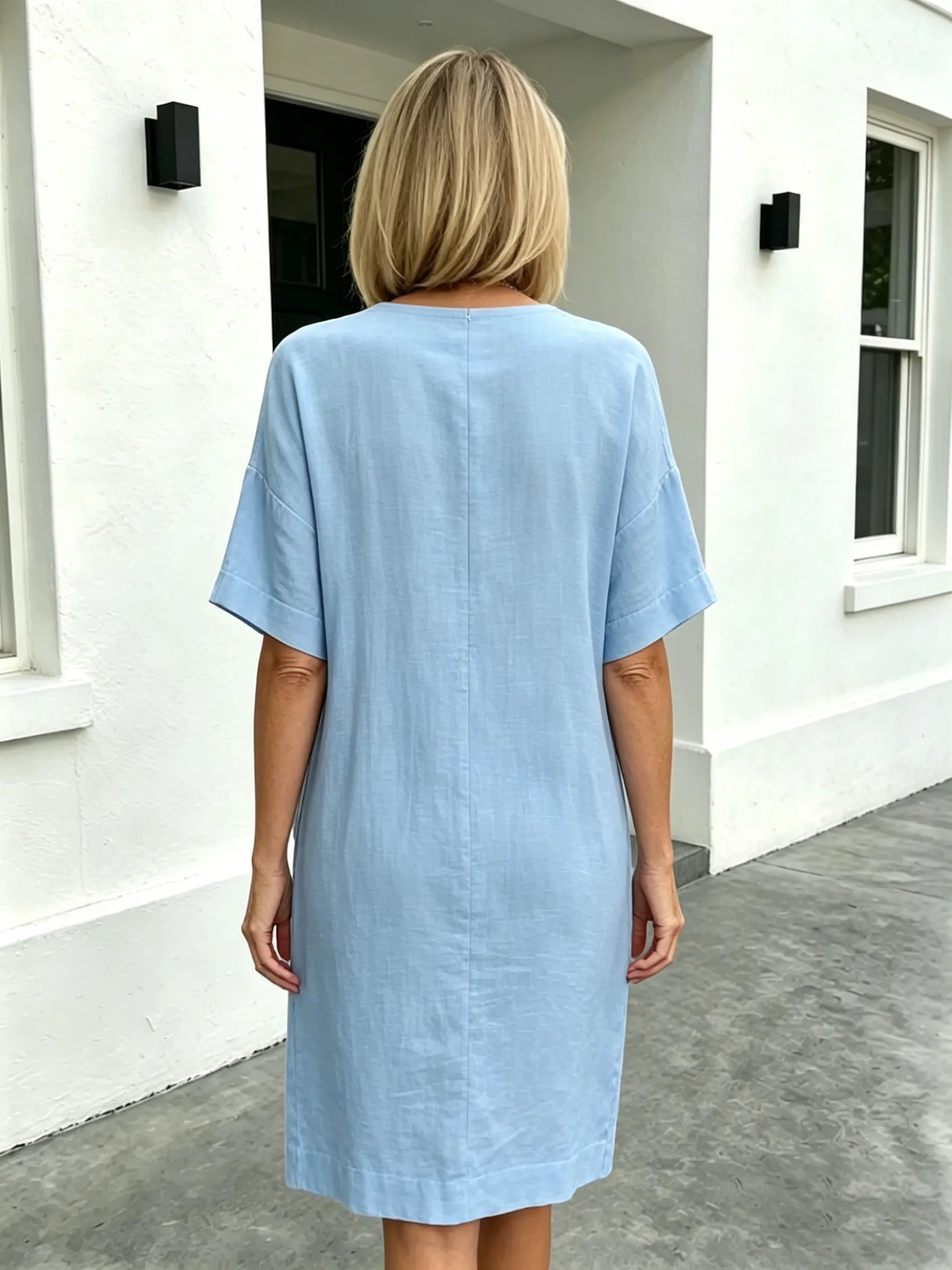 Short Sleeve V-Neck Cotton and Linen Loose Summer Dress
