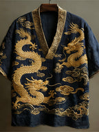 Japanese Dragon Totem Art Linen V-neck Shirt
