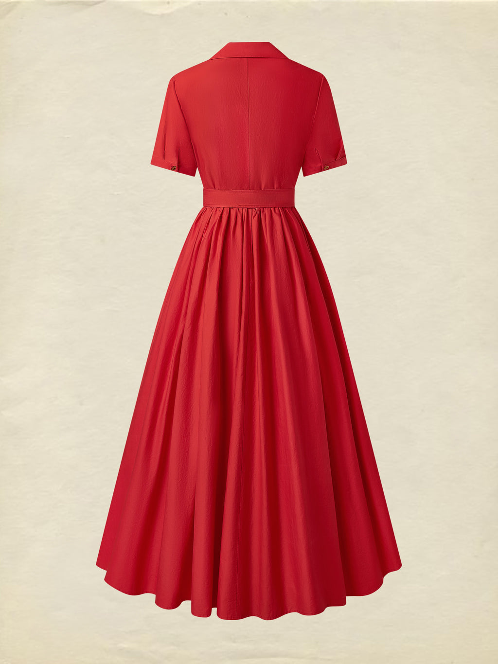 Cotton Maxi Dress, Plain, Pocket Stitching, Shawl Collar, Linen Blended, Belt, Vintage, Short Sleeves, Red