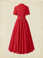 Cotton Maxi Dress, Plain, Pocket Stitching, Shawl Collar, Linen Blended, Belt, Vintage, Short Sleeves, Red