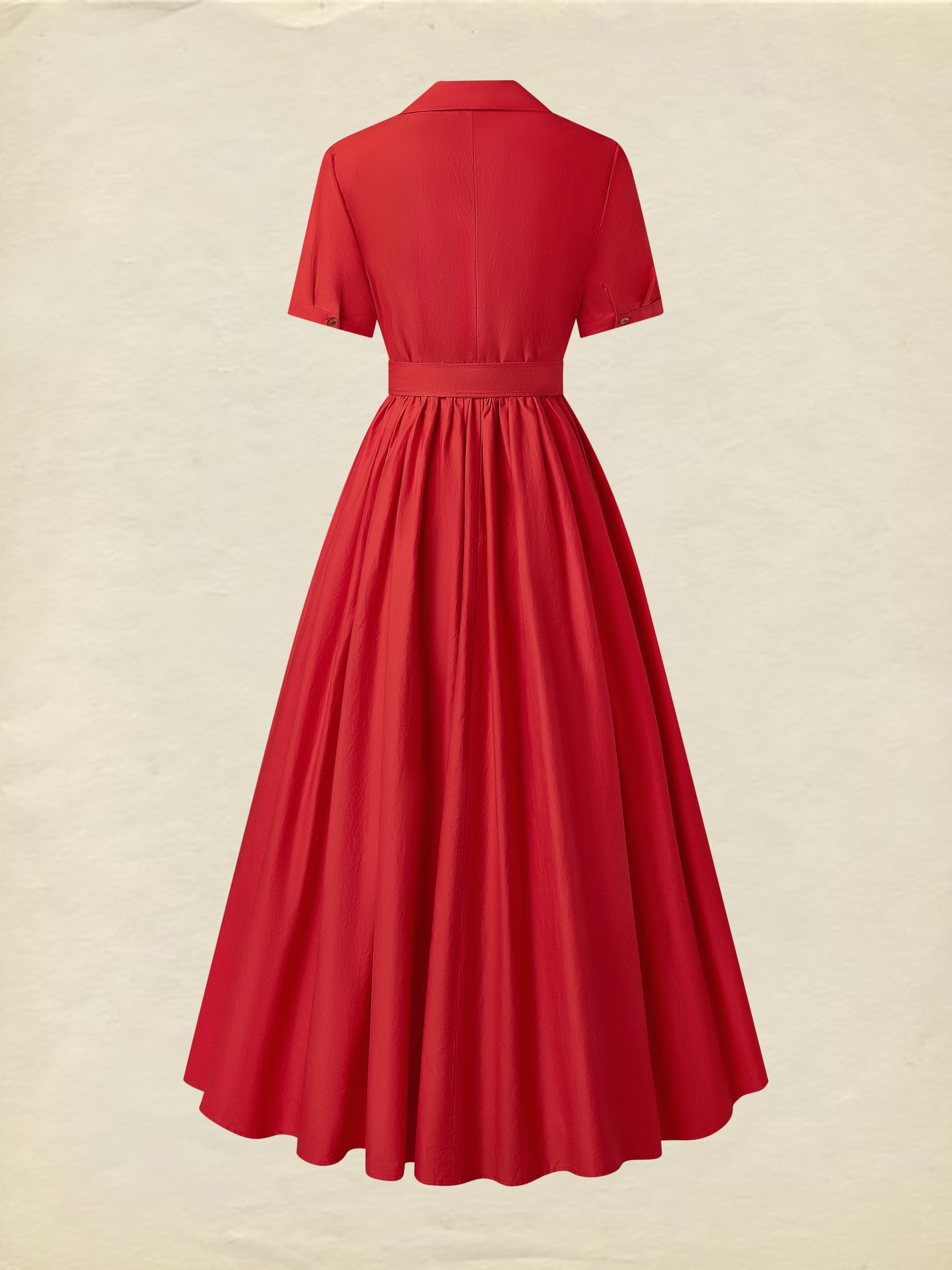 Cotton Maxi Dress, Plain, Pocket Stitching, Shawl Collar, Linen Blended, Belt, Vintage, Short Sleeves, Red