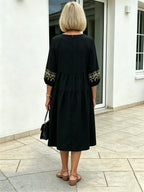 Navy Blue Tiered Midi Dress, Gold Embroidered 3/4 Sleeve Round Neck Loose Tummy Concealing Elegant Dress