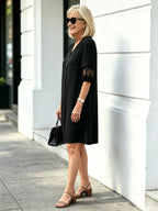 Navy Blue Lace Spliced Midi Dress, V Neck 3/4 Sleeve Loose Tummy Concealing Slimming Casual Dress for Mature Women