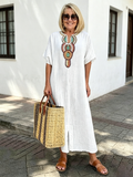 Cotton and Linen Embroidered Split Dress