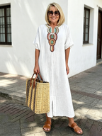 Cotton and Linen Embroidered Split Dress
