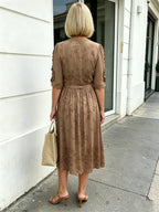 Coffee Brown Floral Print Midi Dress, Split Neck Button Front Ruffle 3/4 Sleeve Tie Waist Slimming Dress for Mature Women