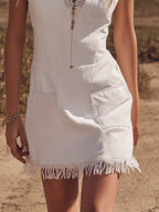 Western Vacation Lace V-Neck Front Zip Fringed Hem White Denim Mini Dress