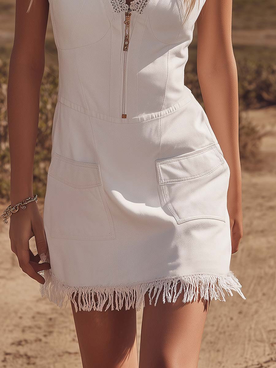 Western Vacation Lace V-Neck Front Zip Fringed Hem White Denim Mini Dress