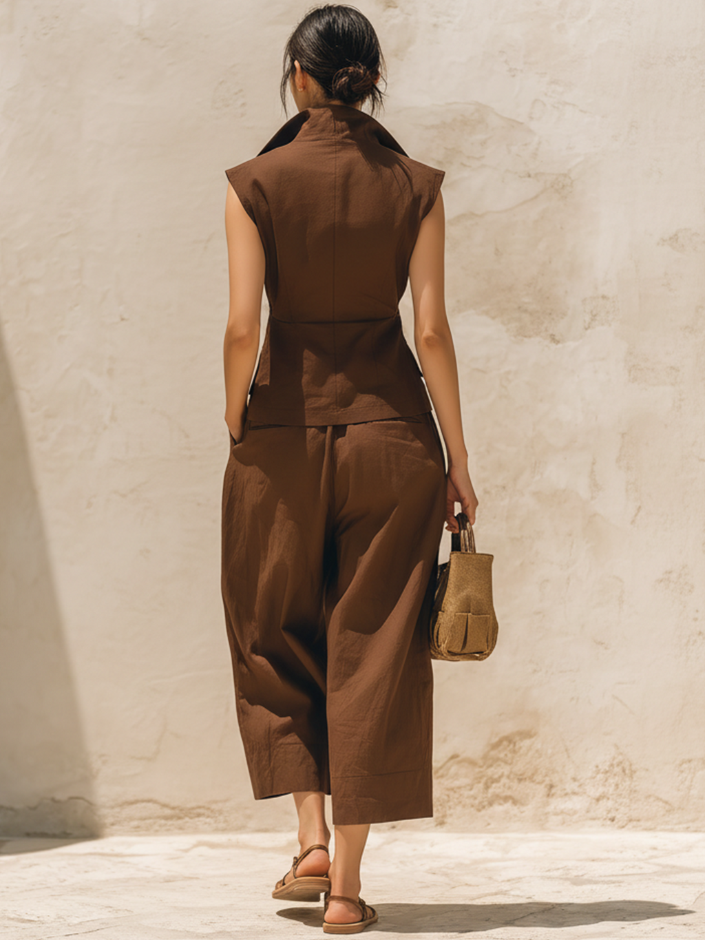 Chocolate Brown Cotton-Linen Blend Asymmetric Zip Vest & Barrel Pants Two-Piece Set